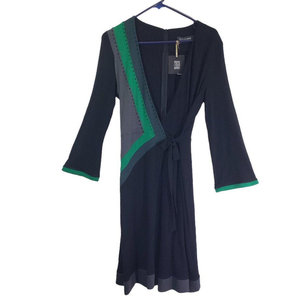 Black and Green Wrap Dress with Contrast Trim